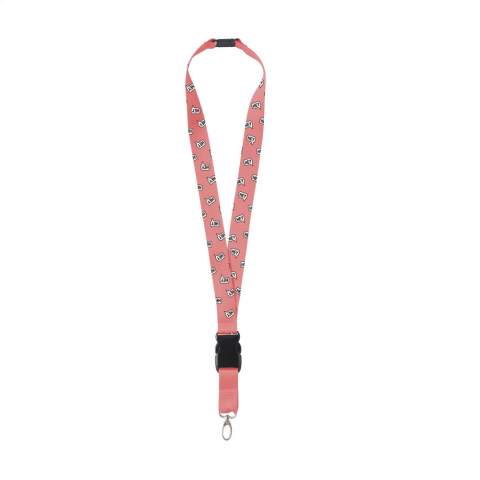 Lanyard made from strong woven polyester. Supplied with a metal carabiner and plastic safety lock. The lower part can be disconnected by means of a plastic buckle. Including full-colour sublimation print. Made in Europe.