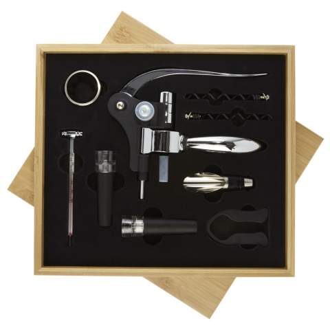 9-piece wine set including 1 corkscrew, 2 stoppers, 1 pourer, 1 ring, 1 foil cutter, 1 thermometer, and 2 spare corkscrews. Delivered in a bamboo gift box sourced and produced following sustainable standards.