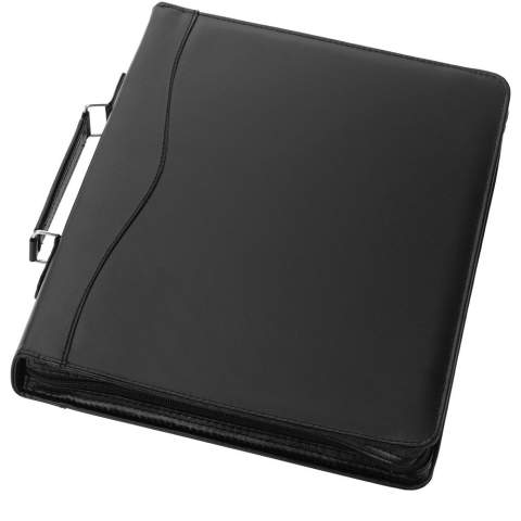 Conférencier zippé avec poignée, passant pour stylo, reliure à anneaux, poche zippée et compartiments pour documents. Bloc-notes de 20 pages à lignes fourni. Stylo et accessoires non fournis.