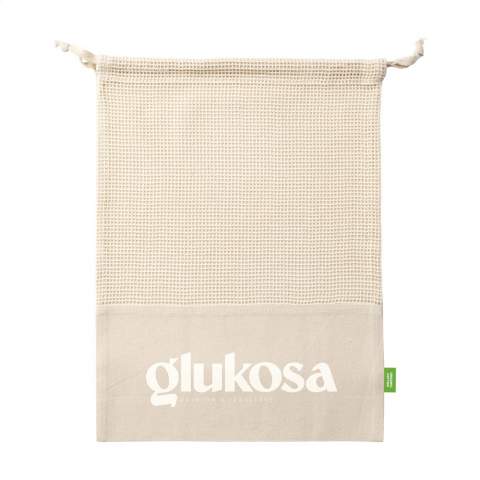 WoW! Reusable ECO fruit and vegetable bag made from 100% organic cotton (120 g/m²). Mesh cotton on the front and plain cotton on the back with a handy drawstring closure. Using this bag helps to reduce the number of one-use plastic bags in circulation, providing a positive contribution to the environment. Capacity approx. 1.5 litres