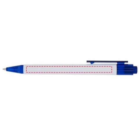 The Calypso ballpoint pen has sleek white barrels withtranslucent coloured nose and clip.
