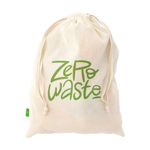 WoW! Herbruikbaar ECO groente- en fruitzakje van 100% organisch katoen (120 g/m²). Voorzijde mesh katoen en achterzijde effen katoen. Met handige trekkoordsluiting. Gebruik van dit zakje levert een milieuvriendelijke bijdrage aan het reduceren van plastic zakjes in de supermarkt. Inhoud ca. 1,5 liter.