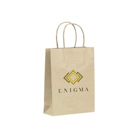WoW! Sturdy paper gift bag (size M) made from recycled grass paper (120 g/m²). Due to the use of natural materials, irregularities in the paper can be seen and/or felt. This gives the product a beautiful natural look. The bag has two short paper carrying loops, a folded bottom and a side fold. No trees are cut down for the production of this bag.