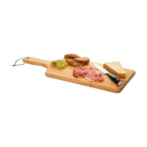 Branded chopping board by Diamant Sabatier. Made from very strong and beautiful bamboo. Finished and polished. Hygienic, antibacterial and easy to clean. With metal ring and leather suspension cord. A high-class product.  NOTE: Due to the natural grains and contours of bamboo, we cannot guarantee consistency in depth/colour of the engraving.