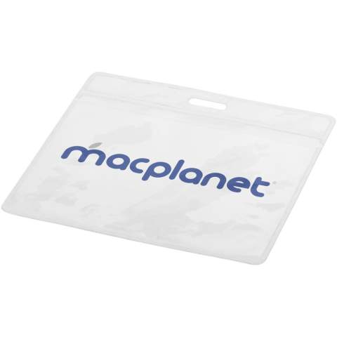 Badge holder with insert on the back and opening on top to attach to a lanyard or roller clip. Size: 8,8 x 10,0 cm. This item fits a card of 9,4 x 6,7 cm.