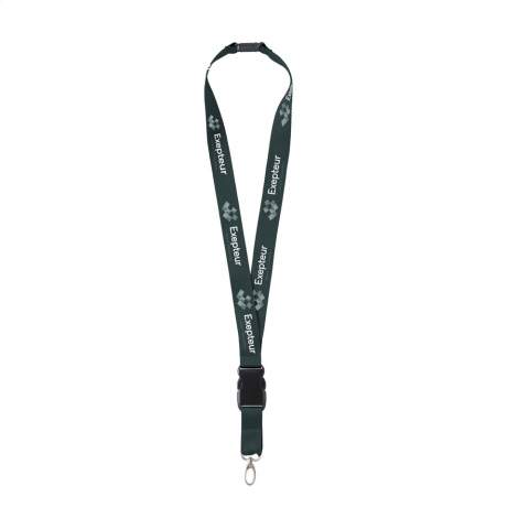 Lanyard of strong woven RPET polyester (made from recycled PET bottles). With metal carabiner and plastic safety lock. The lower part can be disconnected by means of a plastic buckle. A durable and environmentally friendly product. Including full-colour sublimation print. Made in Europe.