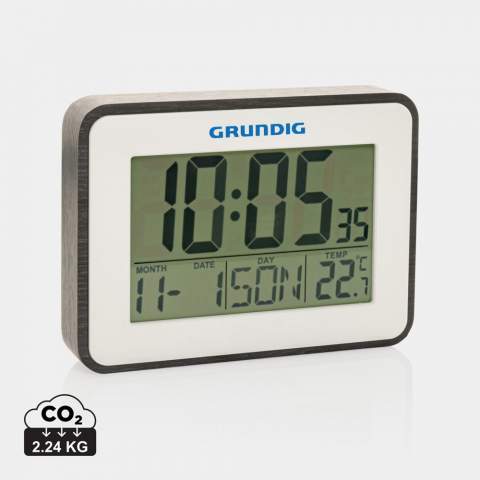 Grundig indoor weatherstation with alarm and calendar.  Features thermometer, alarm, day, month, date and time. Excluding 2x AA batteries. Packed in Grundig giftbox.