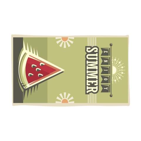 Luxuriöses Strandtuch mit Ihrem eigenen, einzigartigen Vollfarbdruck. Hergestellt aus 30% RPET, 10% Polyester und 60% Baumwolle (350 g/m²). Das Handtuch ist leicht und nimmt Feuchtigkeit gut auf. Bequem und weich. Pro Stück in Cellofan verpackt.