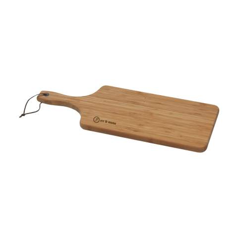 Branded chopping board by Diamant Sabatier. Made from very strong and beautiful bamboo. Finished and polished. Hygienic, antibacterial and easy to clean. With metal ring and leather suspension cord. A high-class product.  NOTE: Due to the natural grains and contours of bamboo, we cannot guarantee consistency in depth/colour of the engraving.