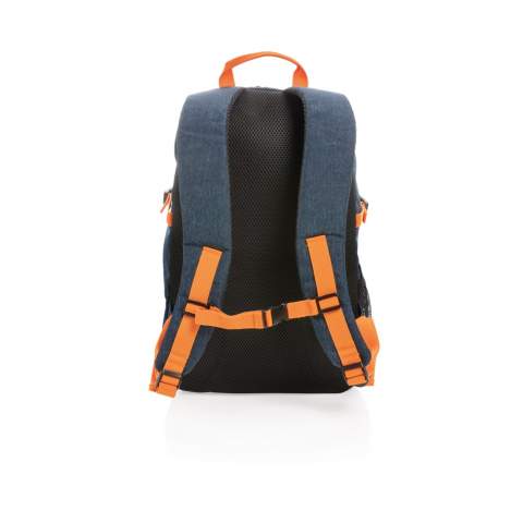 This large, versatile two-tone polyester backpack has a spacious main compartment for all your accessories. It is a fantastic pack for work, school or running errands. It will do a good job of protecting your laptop up to 15.6". Comes with reflective front protection, 2 mesh side pockets, sternum strap and rfid sleeved pockets inside. Comfort back padding system and mesh shoulder straps. PVC free.<br /><br />FitsLaptopTabletSizeInches: 15.6<br />PVC free: true