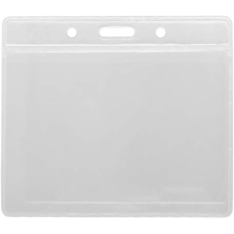 Badge holder with insert on the back and opening on top to attach to a lanyard or roller clip. Size: 8,8 x 10,0 cm. This item fits a card of 9,4 x 6,7 cm.