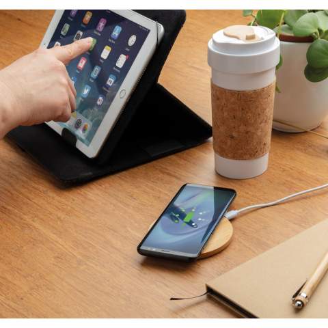Charge your mobile devices without connecting a cable with this 100% FSC® certified 5W wireless charger. Just place your mobile phone on the pad and wait for the charging notification to appear. Compatible with all QI enabled devices like Android latest generation, iPhone 8 and up. Input: 5V/2A. Wireless output: 5V/1A. Including 150cm RCS recycled TPE micro USB cable. Item and accessories 100% PVC free. Packed in FSC®mix packaging.<br /><br />WirelessCharging: true<br />PVC free: true
