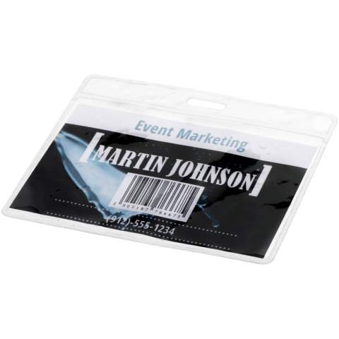 Badge holder with insert on the back and opening on top to attach to a lanyard or roller clip. Size: 8,8 x 10,0 cm. This item fits a card of 9,4 x 6,7 cm.