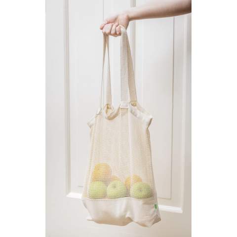 WoW! Sac shopping résistant en maille ECO, fabriqué en coton de qualité 100% biologique (180 g/m²). Le sac se compose d'un fond solidement tissé et de longues anses. Durable et écologique. Capacité environ 12 litres.