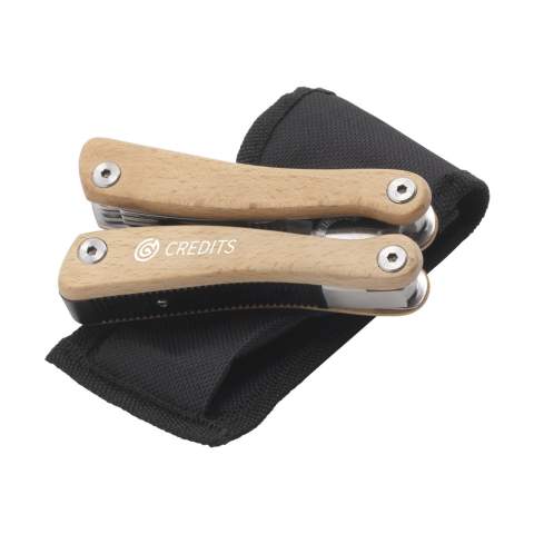 Compact stainless steel multi tool with beechwood handle. 9-pieces with 11 functions: pliers, knife, file, Phillips screwdriver, 2 screwdrivers, wire cutter, awl, can opener, bottle opener and a saw. In a case with belt loop. Please note local rules may apply regarding the possession and/or carrying of knives or multitools in public. Each item is individually boxed.