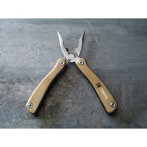 Compact stainless steel multi tool with beechwood handle. 9-pieces with 11 functions: pliers, knife, file, Phillips screwdriver, 2 screwdrivers, wire cutter, awl, can opener, bottle opener and a saw. In a case with belt loop. Please note local rules may apply regarding the possession and/or carrying of knives or multitools in public. Each item is individually boxed.