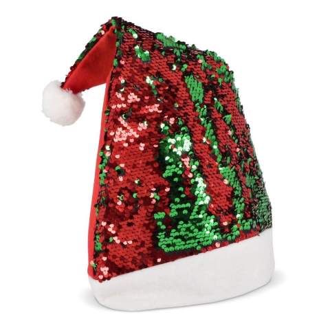 Brillez pendant les fêtes avec ce bonnet de Noël à paillettes éclatant ! Orné de paillettes bicolores scintillantes, il ajoute une touche de glamour à toute tenue festive. Passez la main dessus pour un effet magique de changement de couleur !