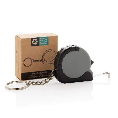 1 metre keychain tape. Made from RCS recycled ABS and stainless steel blade. Total recycled content: 27% based on total item weight. RCS certification ensures a completely certified supply chain of the recycled materials. Packed in FSC mix packaging.<br /><br />TapeLengthMeters: 1.00