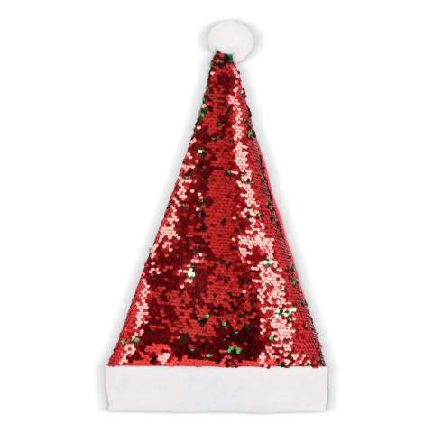 Brillez pendant les fêtes avec ce bonnet de Noël à paillettes éclatant ! Orné de paillettes bicolores scintillantes, il ajoute une touche de glamour à toute tenue festive. Passez la main dessus pour un effet magique de changement de couleur !
