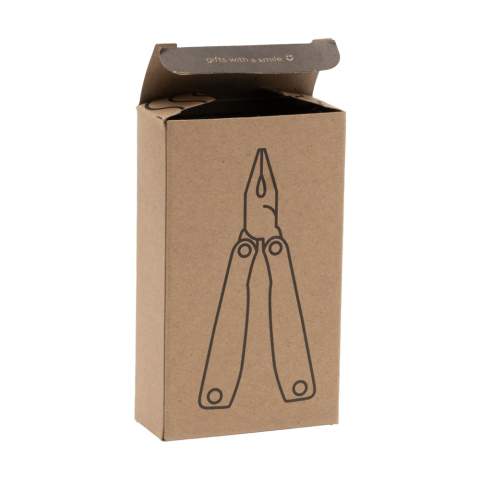 Compact stainless steel multi tool with beechwood handle. 9-pieces with 11 functions: pliers, knife, file, Phillips screwdriver, 2 screwdrivers, wire cutter, awl, can opener, bottle opener and a saw. In a case with belt loop. Please note local rules may apply regarding the possession and/or carrying of knives or multitools in public. Each item is individually boxed.