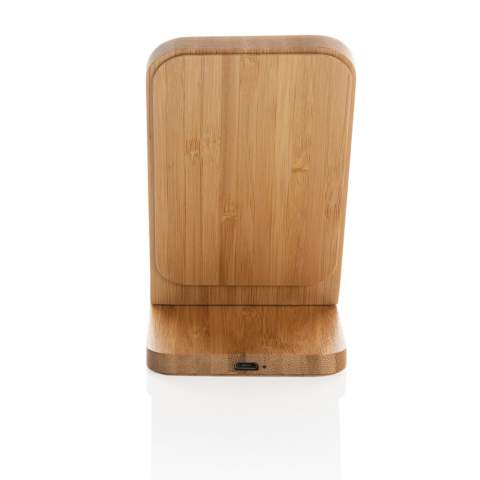 5W wireless charger stand made from 100% FSC®certified bamboo. Including 150 cm 100% RCS recycled TPE micro usb cable. Compatible with all QI enabled devices like Android latest generation, iPhone 8 and up. Input: 5V/2A; Wireless Output: 5V/1A - 5W.; Item and accessories 100% PVC free. Packed in FSC®mix packaging.<br /><br />WirelessCharging: true<br />PVC free: true