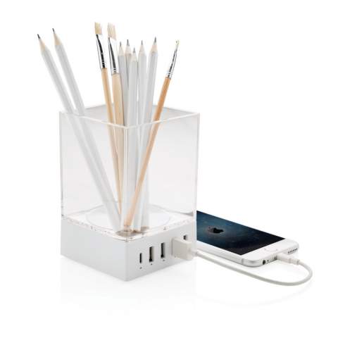 Keep your desk clean and your devices charged with this modern desk charger. Comes with 4 USB(4.8A) ports and one type C 2.0 port to charge the latest generation mobile devices. With blue indicator light to indicate the item is charging. The pen holder is made out of PC and the charger out of fireproof ABS. With 1.5 metre EU charging cable.