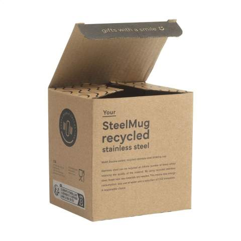 WoW! Double-walled drinking cup made from recycled stainless steel. Not dishwasher-safe. RCS-certificated. Total recycled material: 90%. Capacity 220 ml. Stainless steel can be recycled many times whilst retaining the quality of the material. By using recycled stainless steel, fewer new raw materials are needed. This means less energy consumption and less use of water. A responsible choice. Each item is supplied in an individual brown cardboard box.