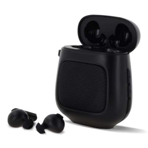 TruWireless earbuds and speaker in one. Suitable to play music to a group of people through the speaker, or just to yourself through the earbuds. Both features easily connect wirelessly.