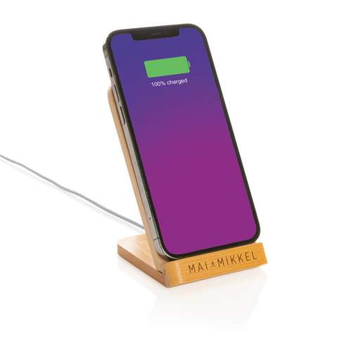 5W wireless charger stand made from 100% FSC®certified bamboo. Including 150 cm 100% RCS recycled TPE micro usb cable. Compatible with all QI enabled devices like Android latest generation, iPhone 8 and up. Input: 5V/2A; Wireless Output: 5V/1A - 5W.; Item and accessories 100% PVC free. Packed in FSC®mix packaging.<br /><br />WirelessCharging: true<br />PVC free: true