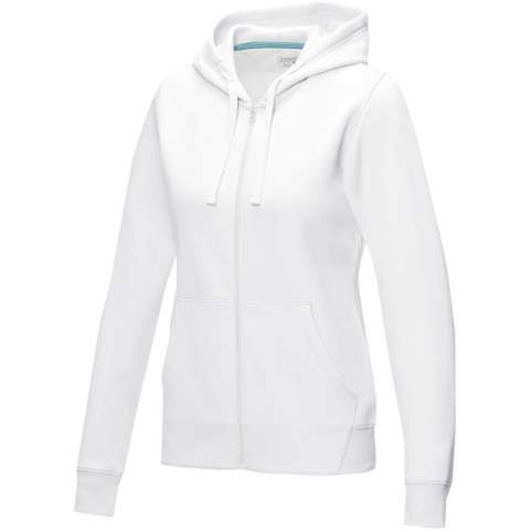 The Ruby women's GOTS organic GRS recycled full zip hoodie – this hoodie showcases a blend of eco-conscious features that redefine modern fashion. This hoodie blends sustainable fashion with comfort, featuring certified trims like a center front GRS certified coil zipper. Also the drawstring in the hood adds a thoughtful touch to the design while being certified as well. With a soft brushed interior, it ensures a cozy feel. Made from a 280 g/m² blend of GOTS certified organic cotton and GRS certified recycled polyester. What truly sets this garment apart is its dual certification (GRS and GOTS) ensuring a 100% certified supply chain. This means that every step, from sourcing the materials to production, adheres to stringent environmental and ethical standards. By choosing this hoodie, you make a statement that fashion and sustainability can coexist seamlessly. This hoodie is designed with a fitted shape for a feminine look. 