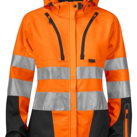 • wind, waterafstotende en ademende softshell<br />• aanpasbare en afneembare capuchon<br />• fleecegevoerde kraag<br />• twee schuinlopende, verticale borstzakken, de linker met telefoonzakje binnenin<br />• ritssluiting aan de voorzijde die bedekt is met een flap. Deze stormflap kan afgesloten worden met drukknopen <br />• twee zijzakken<br />• één mouwzakje op linkermouw<br />• lus voor badgehouder<br />• ventilatieopeningen in mesh onder de oksels met ritssluiting<br />• aanpasbare taille<br />• aanpasbare manchetten<br />• verlengd rugpand <br />• reflecterende biezen op mouwen en rug