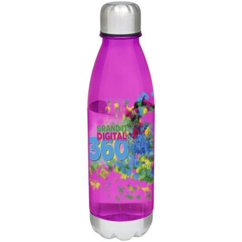 Single-walled water bottle in durable material with screw-on lid. Shatter, stain, and odour resistant. Features a stainless steel lid and bottom. BPA free. Volume capacity is 685 ml.