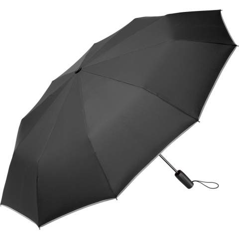 Stylish manual opening pocket umbrella in oversize with fashionable reflective piping Easy to handle thanks to sliding safety runner, high-quality windproof system for maximum frame flexibility in stormy conditions, special umbrella shape through 10 panels, cover with trendy reflective piping in silver, comfortable Soft-Feel handle with elastic loop and promotional labelling option, generous diameter, sleeve with trendy reflective piping.