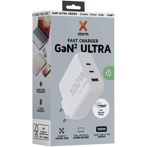 De 100 W GaN² Ultra-wandoplader is compacter en krachtiger dan ooit tevoren. Met zijn compacte ontwerp en functionaliteit met drie poorten is deze wandoplader perfect voor onderweg, op kantoor of thuis. Om afval te verminderen en bij te dragen aan een duurzamere toekomst, is de oplader gemaakt van 97% gerecycled plastic. Uitgang: 2 x USB-C 100 W voeding en 1 USB-A 18 W 18 W Quick Charge 3.0. Geleverd met handleiding.