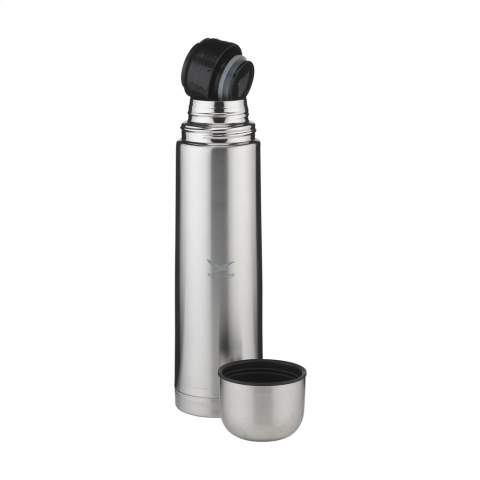 Double-walled, vacuum-insulated, stainless steel thermo bottle. Extremely durable and unbreakable. The vacuum between the walls insulates the contents and keeps drinks hot or cold for a longer period of time. With screw cap/drinking cup and handy push-pour system. Leak proof. Capacity 1,000 ml. Each item is individually boxed.