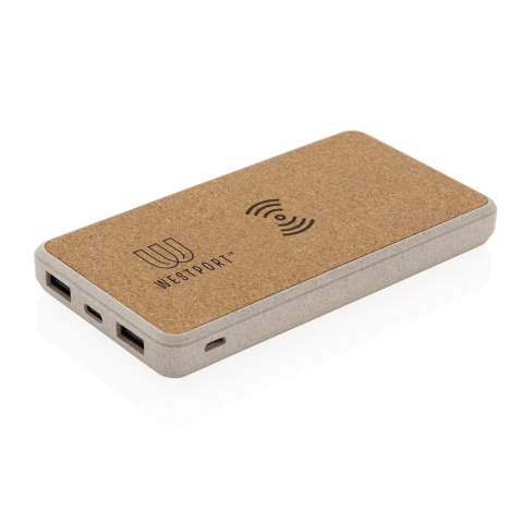 8000 mAh draadloze powerbank met 5W draadloze oplader bovenop. De bovenzijde is gemaakt van natuurlijke kurk en de behuizing is gemaakt van 35% tarwestro gemengd met ABS. Input zowel mogelijk via micro-USB als type C. Als deze volledig is opgeladen, krijgt u voldoende energie om uw mobiele telefoon tot vier keer op te laden. De powerbank bevat een duurzame grade A lithium-polymeerbatterij van 8.000 mAh. De Led lampjes geven het resterende energieniveau aan, zodat u altijd weet wanneer u moet opladen. Draadloos opladen compatibel met alle QI-compatibele apparaten zoals de nieuwste generatie Android, iPhone 8, 8S en X. Micro-ingang 5V / 2A Type-C-ingang 5V / 2A USB-uitgang 5V / 2,1A. Draadloze uitgang 5W 5V / 1A. Artikel en accessoires 100% PVC-vrij.<br /><br />WirelessCharging: true<br />PowerbankCapacity: 8000<br />PVC free: true