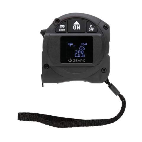 Combine function, durability and performance with this premium laser measuring tape. The shock proof rubberised casing has an integrated 30M laser distance measurer. It also has a durable 5M carbon tape. The blade is black coloured and double sided. With integrated LCD screen to quickly read the details and integrated re-chargeable battery. Packed in luxury gift box.<br /><br />TapeLengthMeters: 5.00<br />PowerbankCapacity: 500