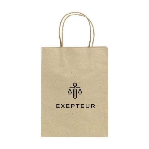 WoW! Sturdy paper gift bag (size M) made from recycled grass paper (120 g/m²). Due to the use of natural materials, irregularities in the paper can be seen and/or felt. This gives the product a beautiful natural look. The bag has two short paper carrying loops, a folded bottom and a side fold. No trees are cut down for the production of this bag.