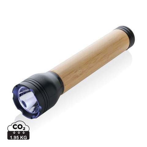 USB rechargeable 5W torch made with FSC® 100% bamboo and RCS (Recycled Claim Standard) certified recycled ABS. Total recycled content: 18% based on total item weight. RCS certification ensures a completely certified supply chain of the recycled materials. The torch comes with 1800 mah grade-A lithium battery. The torch can be operated up to 6 hours on one single charge and recharged via type c in 5 hours. The beam distance is 150 metres and provides 300 lumen. With 3 modes (bright, medium and flash). Including RCS certified recycled TPE charging cable. Packed in FSC® mix kraft packaging. Item and accessories 100% PVC free.<br /><br />PowerbankCapacity: 1800<br />Lightsource: LED<br />LightsourceQty: 1<br />PVC free: true