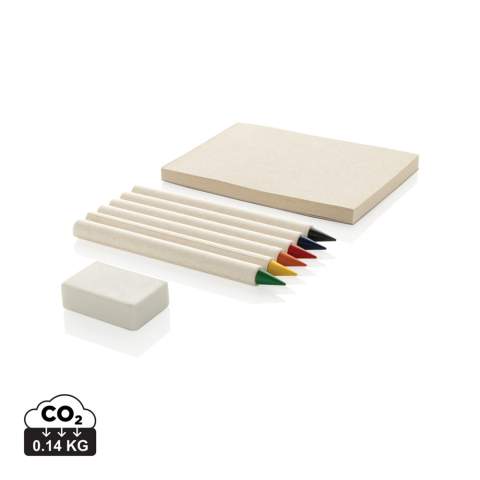 Le set de 6pcs crayons de couleur Infinity Micki avec bloc-notes est parfait pour tous vos projets créatifs. Ce set comprend six couleurs vibrantes : rouge, jaune, bleu, vert, orange et noir, chacune d'une longueur de 9 cm. Les crayons sont fabriqués à partir de carton de lait recyclé certifié GRS à 69 % et sont dotés d'une pointe en graphite lisse pour faciliter le coloriage. Le set comprend également un bloc-notes de 50 feuilles, parfait pour dessiner ou noter des idées. Les crayons sont présentés dans un emballage kraft FSC® orné d'une charmante illustration, ce qui ajoute une touche agréable. Les crayons de couleur traditionnels ont une durée de vie d'environ 200 mètres, mais ces crayons Infinity Tree-Free peuvent écrire jusqu'à 20 000 mètres. Ils produisent un trait lisse, sont faciles à effacer et durent plus longtemps que 100 crayons de couleur ordinaires, ce qui en fait un choix judicieux pour une créativité durable. Gomme incluse.<br /><br />NotebookFormat: Other<br />PaperRulingLayout: Pages vierges