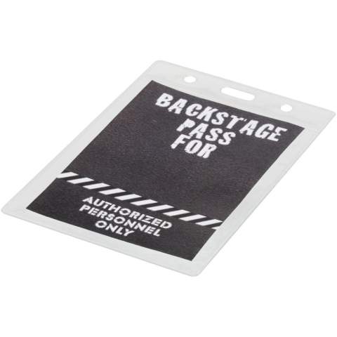 Badgehouder met inzetstuk aan de achterkant en opening aan de bovenkant om vast te maken aan een lanyard of rollerclip.  In dit artikel past een kaart van maximaal 9,4 x 8,3 cm