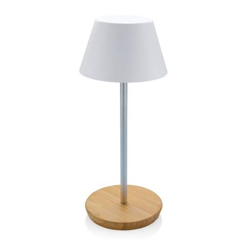 Luxury table lamp made with RCS certified recycled ABS plastic, recycled aluminum and FSC certified 100% bamboo . Total recycled content: 40% based on total item weight. RCS certification ensures a completely certified supply chain of the recycled materials. The table lamp will operate up 18 hours on one single charge and can be re-charged in 2 hours. With a-grade 1800 mAh battery and type C input ( 5V/1A) With two modes (warm light and white light) that can be adjusted by touch sensor in the base. Rechargeable via USB-C. Packed in FSC® mix packaging. IPX 4 waterproof.<br /><br />Lightsource: LED<br />LightsourceQty: 24<br />PVC free: true