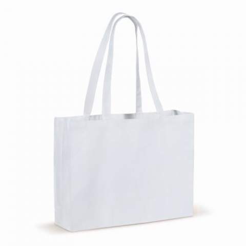 Tasche ist aus recycelter Baumwolle mit einer Bodenfalte. Der bessere Weg für einen nachhaltigen Transport Ihrer Sachen.