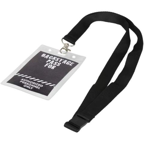Badgehouder met inzetstuk aan de achterkant en opening aan de bovenkant om vast te maken aan een lanyard of rollerclip.  In dit artikel past een kaart van maximaal 9,4 x 8,3 cm