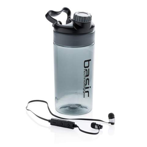 Leakproof tritan bottle with unique lid incorporating easy carry handle. Sweatproof wireless Bluetooth 4.0 earbuds inside. 55 mAh battery inside for 3 hours of music. Includes microphone, phone pickup function and volume control. Includes micro USB cable. Content 500ml.<br /><br />HasBluetooth: True