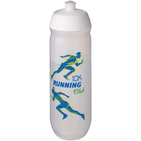 Single-walled sport bottle with a screw-fix pull-up lid. Made from flexible MDPE plastic, this squeezy bottle is perfect for sporting environments. Volume capacity is 750 ml. Made in the UK. BPA-free. EN12875-1 compliant and dishwasher safe.