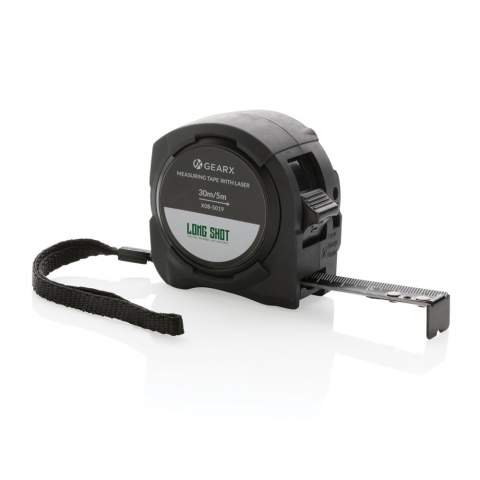 Combine function, durability and performance with this premium laser measuring tape. The shock proof rubberised casing has an integrated 30M laser distance measurer. It also has a durable 5M carbon tape. The blade is black coloured and double sided. With integrated LCD screen to quickly read the details and integrated re-chargeable battery. Packed in luxury gift box.<br /><br />TapeLengthMeters: 5.00<br />PowerbankCapacity: 500