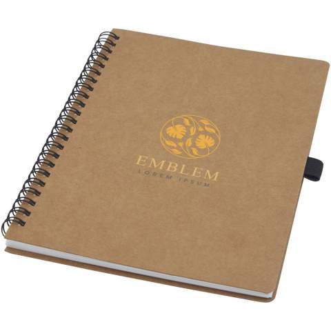 A5-size wire-o recycled cardboard cover notebook with pen loop. Features 70 sheets 60 g/m² lined inner pages made from stone. Stone paper is 100% tree free and the production process uses less energy compared to recycled or new pulp paper. The paper is water and tear resistant and has a natural white colour (no bleaching involved). 