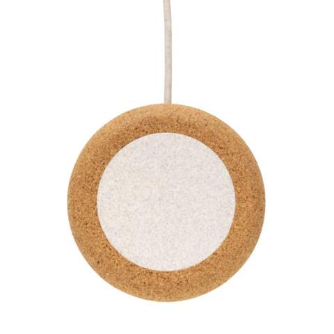 5W wireless charger with wheat straw (35%) mixed with ABS and natural cork. With integrated 120 cm wheat straw/tpe cable for direct use. Compatible with all QI enabled devices like Android latest generation, iPhone 8 and up. Input: 5V/2A; Output: 5/1A - 5W. Item and accessories 100% PVC free.<br /><br />WirelessCharging: true<br />PVC free: true