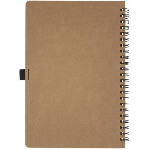 A5-size wire-o recycled cardboard cover notebook with pen loop. Features 70 sheets 60 g/m² lined inner pages made from stone. Stone paper is 100% tree free and the production process uses less energy compared to recycled or new pulp paper. The paper is water and tear resistant and has a natural white colour (no bleaching involved). 